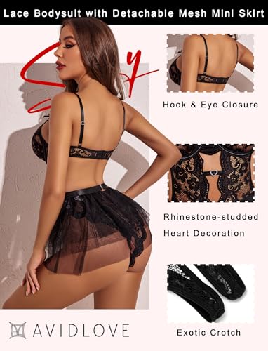 Avidlove Lace Bodysuit: Detachable Mini Skirt Lingerie Set