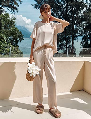 Ekouaer Satin Short Sleeve Pajama Set - Champagne