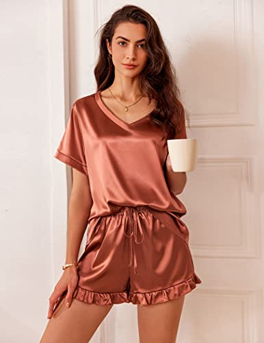 Ekouaer Silk Pajama Set V Neck and Shorts