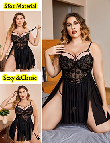 Black Lace Plus Size Babydoll Chemise Nightwear for Women