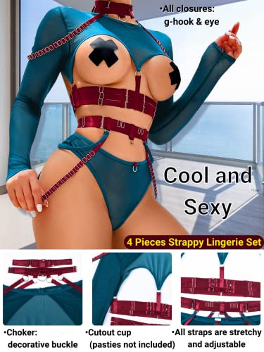 Kaei&Shi Choker Lingerie 𝐒𝐞𝐭: Gothic, Mesh, Strappy, Dark Green, Burgundy