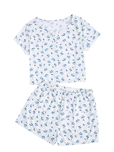 Verdusa Ditsy Floral Button Front PJ Set White