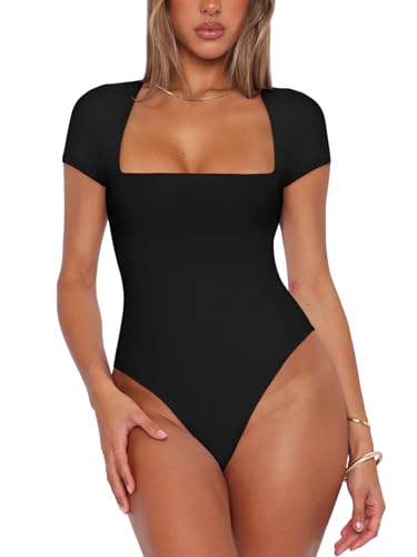 REORIA Sexy Square Neck Fitted Black Thong Bodysuit
