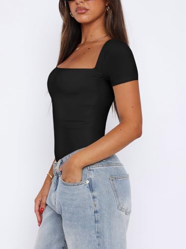 REORIA Sexy Square Neck Fitted Black Thong Bodysuit