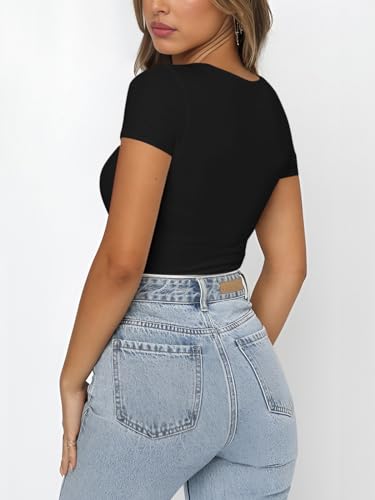 REORIA Sexy Square Neck Fitted Black Thong Bodysuit