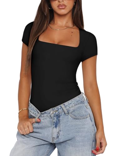 REORIA Sexy Square Neck Fitted Black Thong Bodysuit