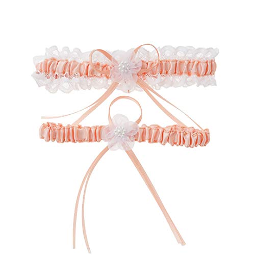 Pearl Lace Bowknot Wedding Garter Set, Peach
