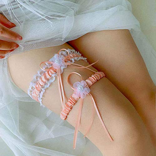 Pearl Lace Bowknot Wedding Garter Set, Peach