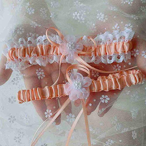 Pearl Lace Bowknot Wedding Garter Set, Peach