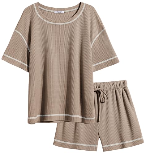 Ekouaer Plus Size Waffle Sleep Set Lounge Pajamas