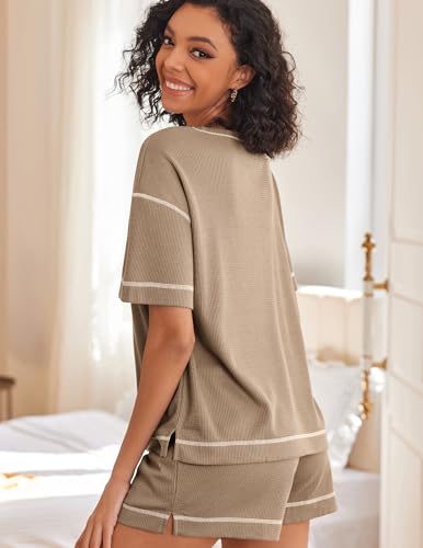 Ekouaer Plus Size Waffle Sleep Set Lounge Pajamas