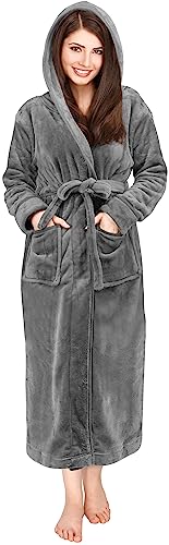 NY Threads Women's Plush Fleece Hooded Bathrobe, Steel Grey