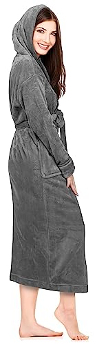 NY Threads Women's Plush Fleece Hooded Bathrobe, Steel Grey