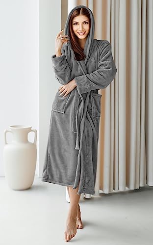 NY Threads Women's Plush Fleece Hooded Bathrobe, Steel Grey