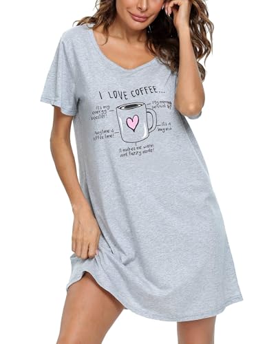 Gray Cotton Nightgown Sleepshirt, Short Sleeves, Print Design