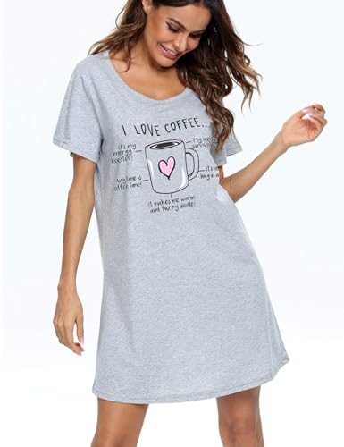 Gray Cotton Nightgown Sleepshirt, Short Sleeves, Print Design
