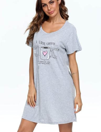 Gray Cotton Nightgown Sleepshirt, Short Sleeves, Print Design