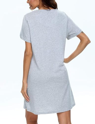 Gray Cotton Nightgown Sleepshirt, Short Sleeves, Print Design