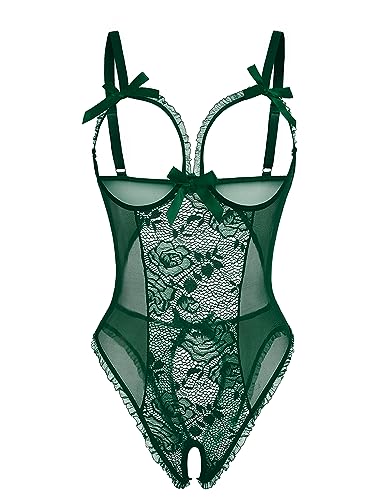 Avidlove Lace Babydoll Sleepwear Chemise Set - Dark Green