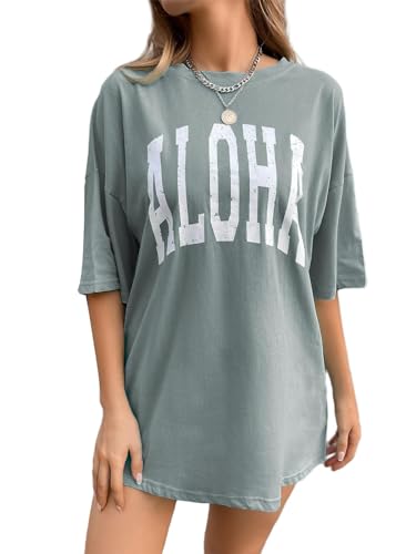 Remidoo Women's Aloha Letters Print Green Tee