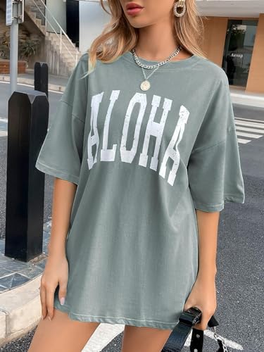Remidoo Women's Aloha Letters Print Green Tee