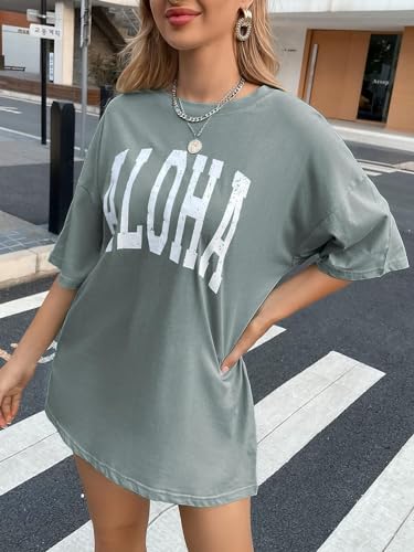 Remidoo Women's Aloha Letters Print Green Tee
