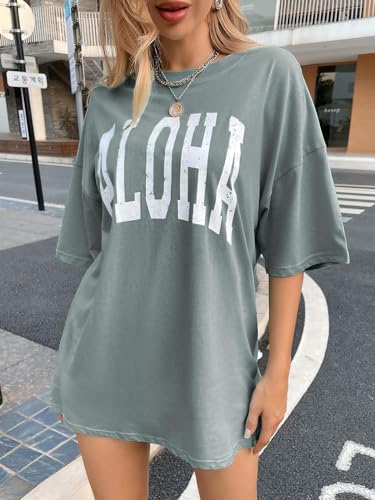 Remidoo Women's Aloha Letters Print Green Tee