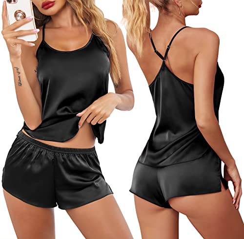 Black Satin Pajama Set with Cami and Shorts