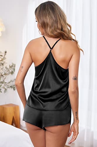 Black Satin Pajama Set with Cami and Shorts