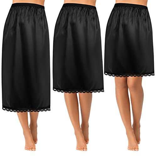 Black Satin Slip Dress Set with Lace Trim