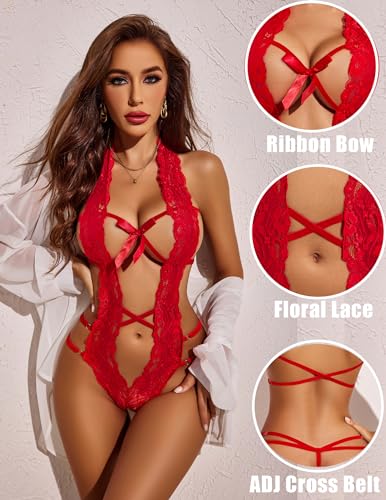 Red Lace Halter Teddy One Piece Bodysuit Babydoll