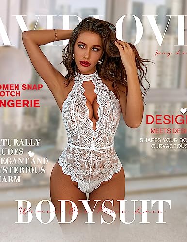 White Lace Halter Bodysuit Teddy Babydoll - XL Size