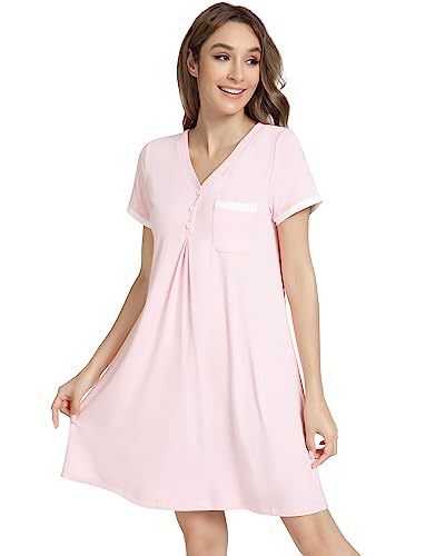 Pink V-neck Bamboo Nightgown Sleepwear - Size L