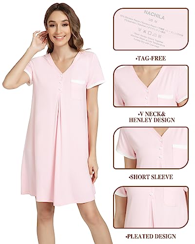 Pink V-neck Bamboo Nightgown Sleepwear - Size L