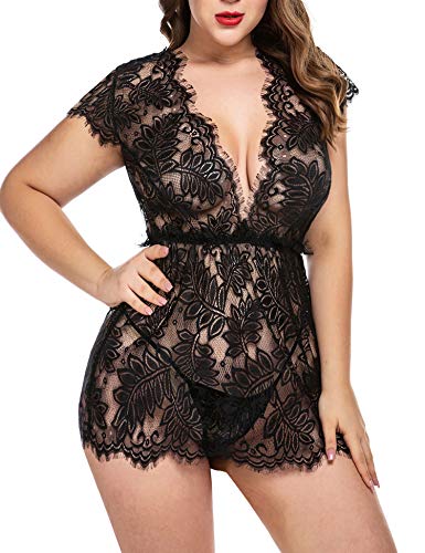 Avidlove Floral Lace Babydoll Chemise Sheer Sleepwear Black