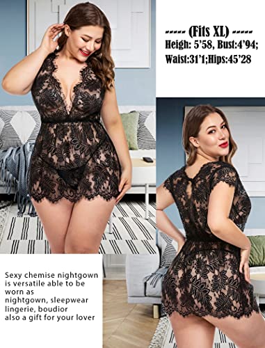 Avidlove Floral Lace Babydoll Chemise Sheer Sleepwear Black
