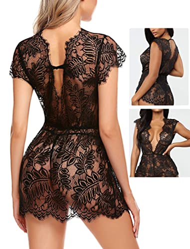 Avidlove Floral Lace Babydoll Chemise Sheer Sleepwear Black