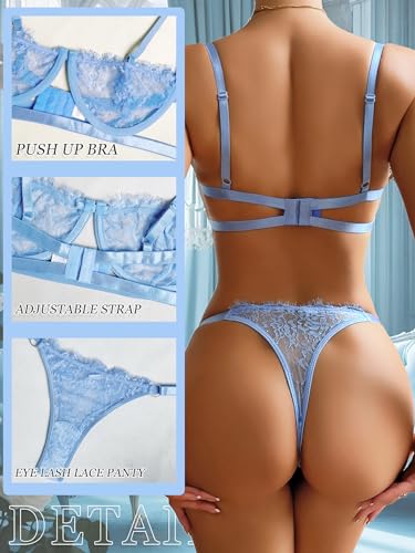 Eyelash Lace Mesh Bra and Panty Set, Lblue