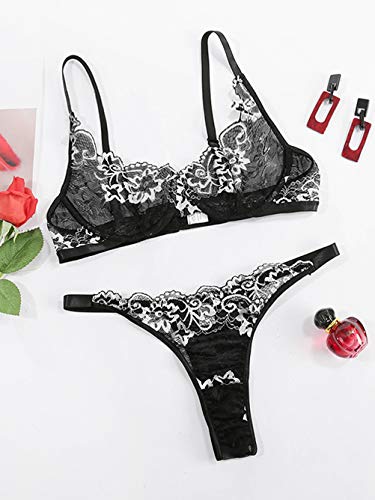 Kaei&Shi Lace Embroidered Lingerie Set, Women's Mesh Underwire