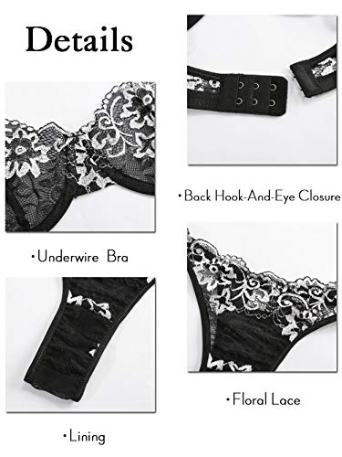 Kaei&Shi Lace Embroidered Lingerie Set, Women's Mesh Underwire