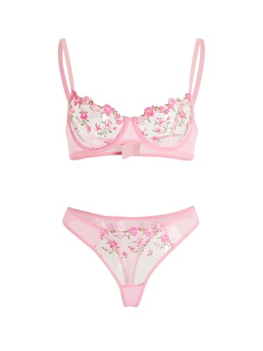 Floral Embroidery Underwire Lingerie Set in Pink XL
