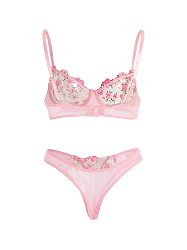 Floral Embroidery Underwire Lingerie Set in Pink XL