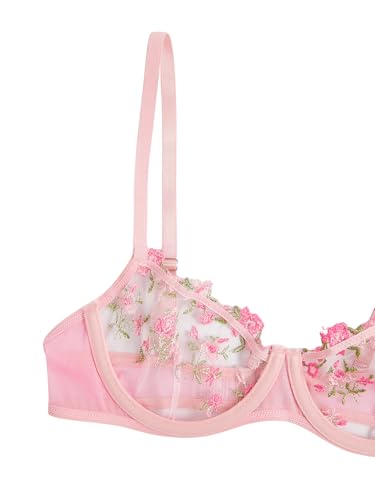 Floral Embroidery Underwire Lingerie Set in Pink XL