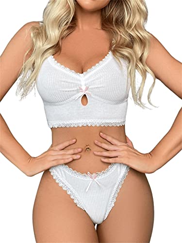 Verdusa Lace Trim Deep V Neck Bralette Thong Set