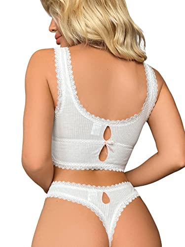 Verdusa Lace Trim Deep V Neck Bralette Thong Set