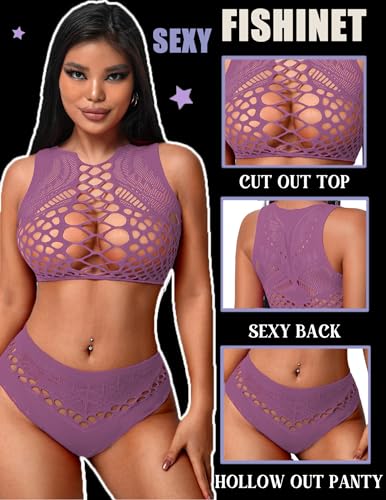 Avidlove Women's Lilac Fishnet Two-Piece Bra and Panty Set