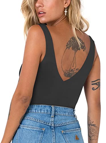 REORIA Women's Sexy Plunge V-Neck Bodysuit - Black