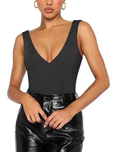 REORIA Women's Sexy Plunge V-Neck Bodysuit - Black