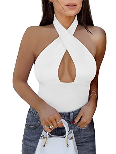 Sexy Halter Neck Criss Cross White Bodysuit