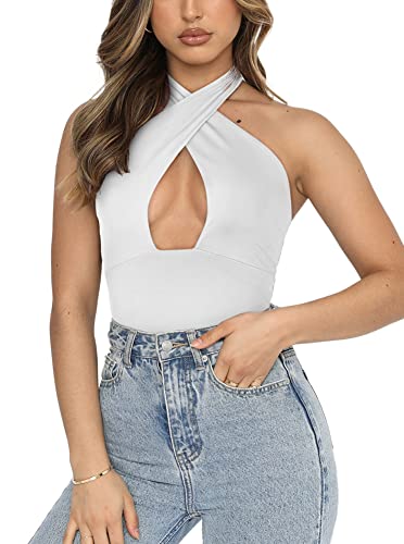 Sexy Halter Neck Criss Cross White Bodysuit